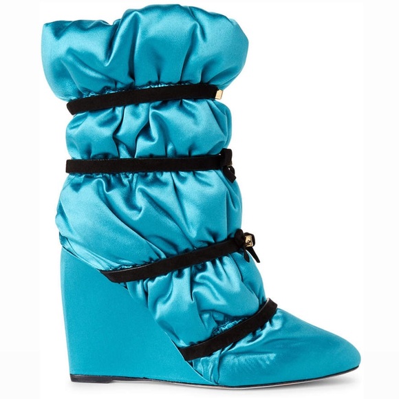 Stuart Weitzman Blue Duvet Wedge Satin SILK Bootie - Picture 6 of 9